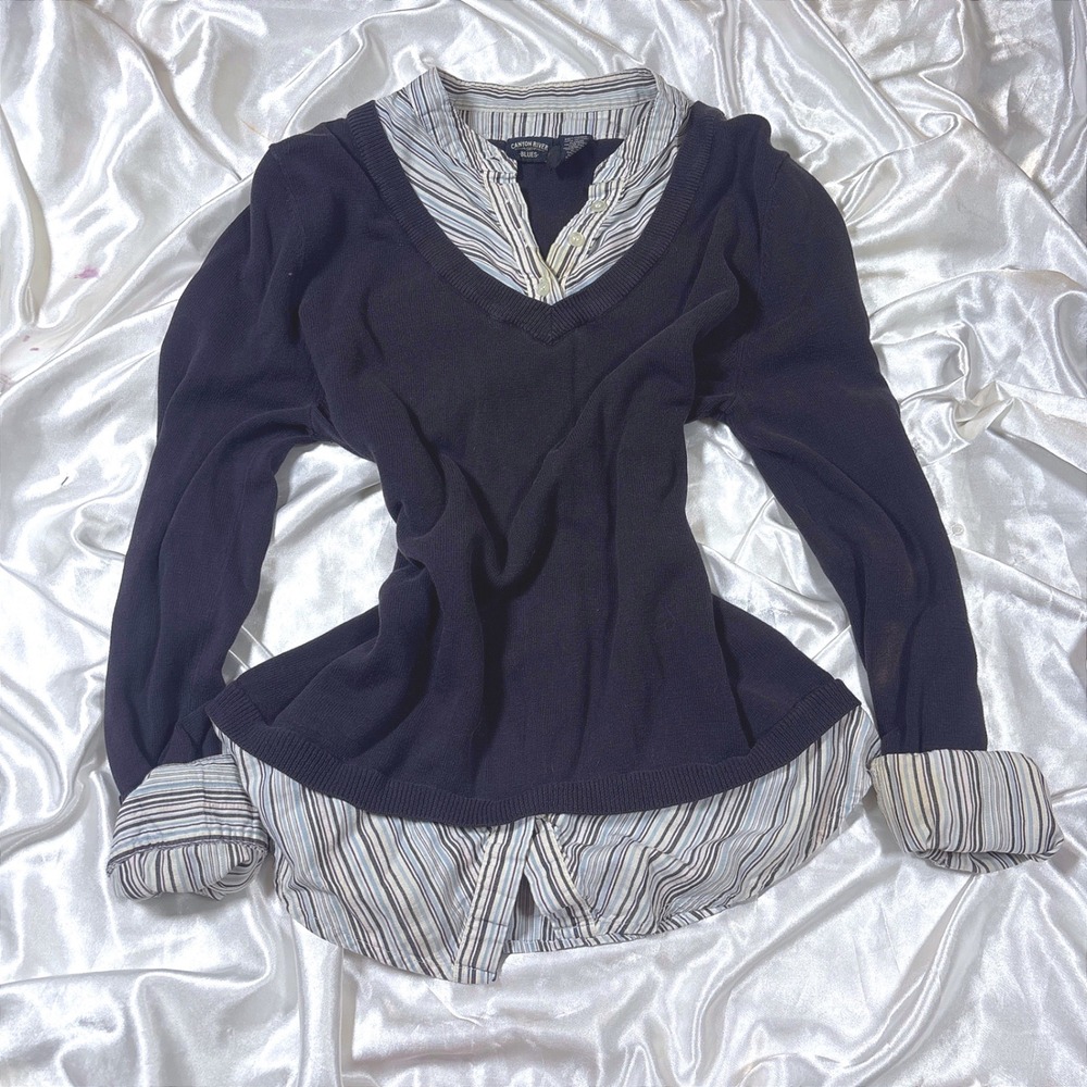 y2k Sweater Navy Blue Good Canyon River Blues Striped Layered 2-in-1 Top